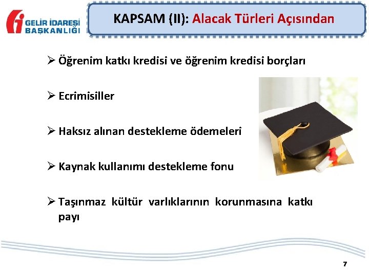 KAPSAM (II): Alacak Türleri Açısından Ø Öğrenim katkı kredisi ve öğrenim kredisi borçları Ø