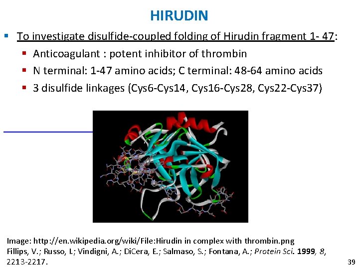 HIRUDIN § To investigate disulfide-coupled folding of Hirudin fragment 1 - 47: § Anticoagulant