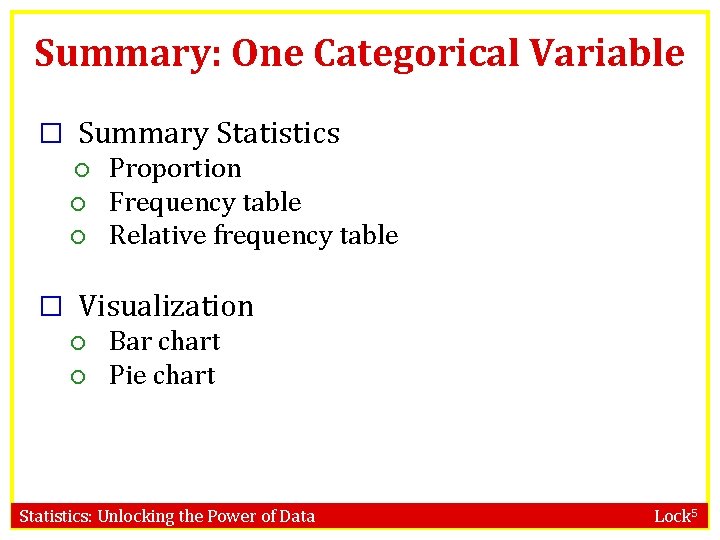 Summary: One Categorical Variable � Summary Statistics Proportion Frequency table Relative frequency table �