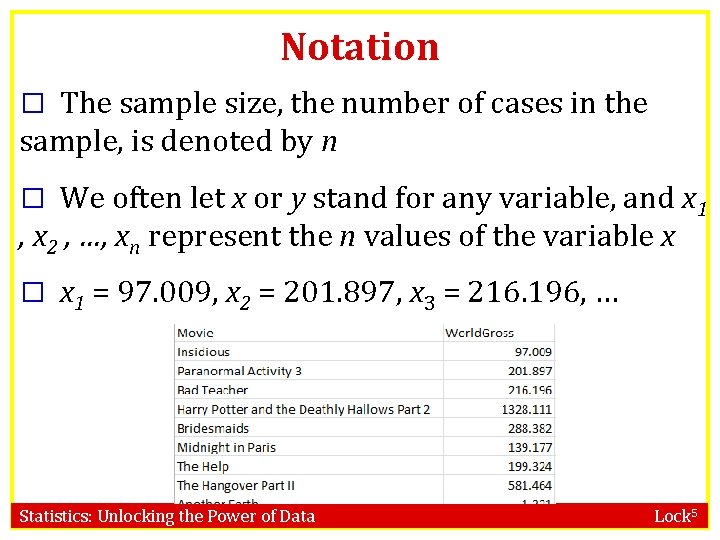 Notation � The sample size, the number of cases in the sample, is denoted