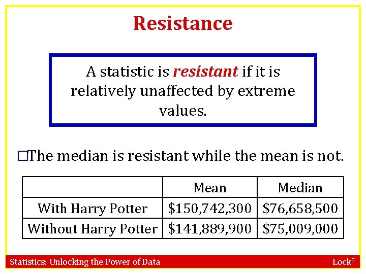 Resistance A statistic is resistant if it is relatively unaffected by extreme values. �The