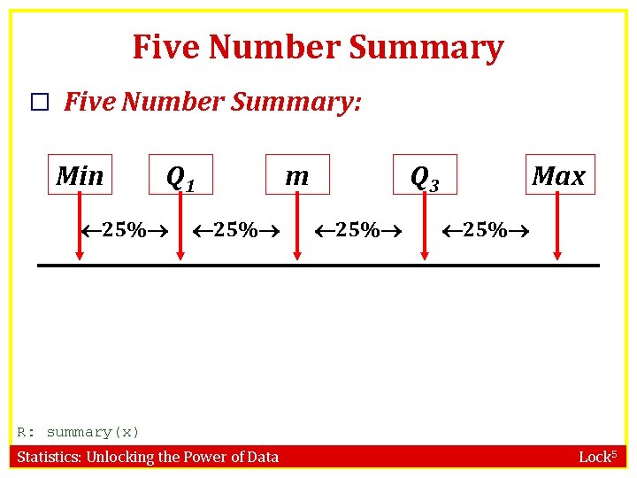 Five Number Summary � Five Number Summary: Min Q 1 25% m Q 3