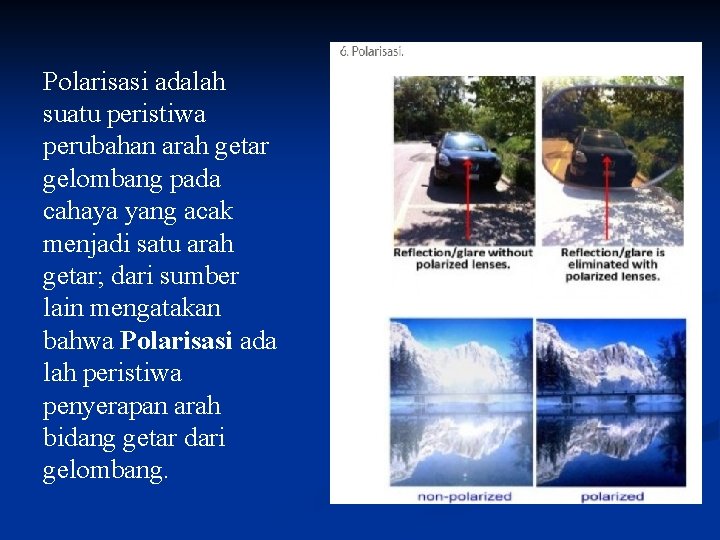 Polarisasi adalah suatu peristiwa perubahan arah getar gelombang pada cahaya yang acak menjadi satu