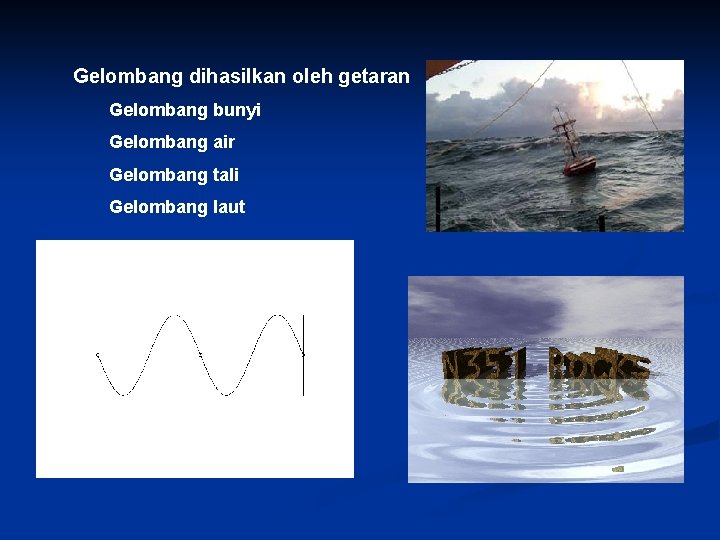 Gelombang dihasilkan oleh getaran Gelombang bunyi Gelombang air Gelombang tali Gelombang laut 