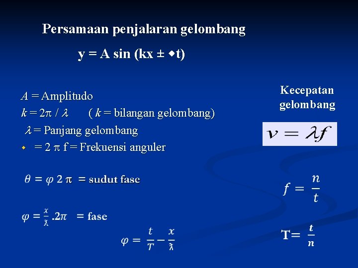 Persamaan penjalaran gelombang y = A sin (kx ± t) A = Amplitudo k