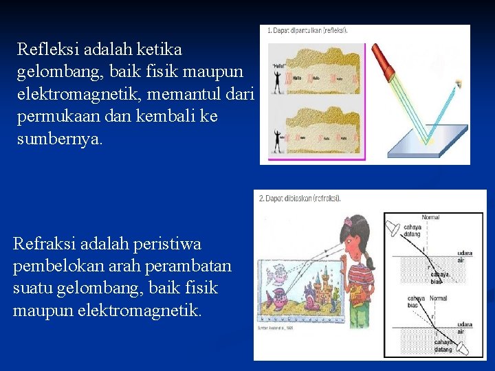 Refleksi adalah ketika gelombang, baik fisik maupun elektromagnetik, memantul dari permukaan dan kembali ke