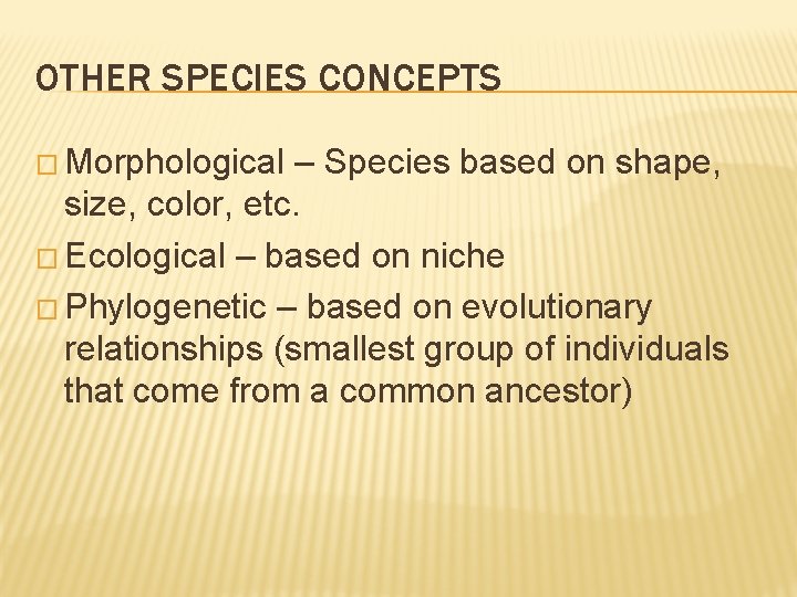 OTHER SPECIES CONCEPTS � Morphological – Species based on shape, size, color, etc. �