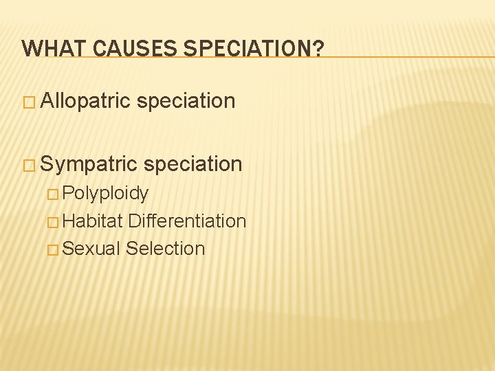 WHAT CAUSES SPECIATION? � Allopatric speciation � Sympatric speciation � Polyploidy � Habitat Differentiation