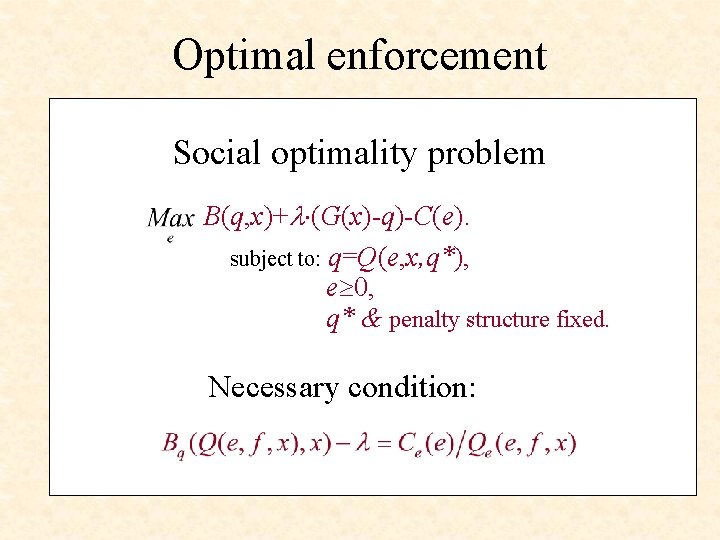 Optimal enforcement Social optimality problem B(q, x)+ (G(x)-q)-C(e). subject to: q=Q(e, x, q*), e