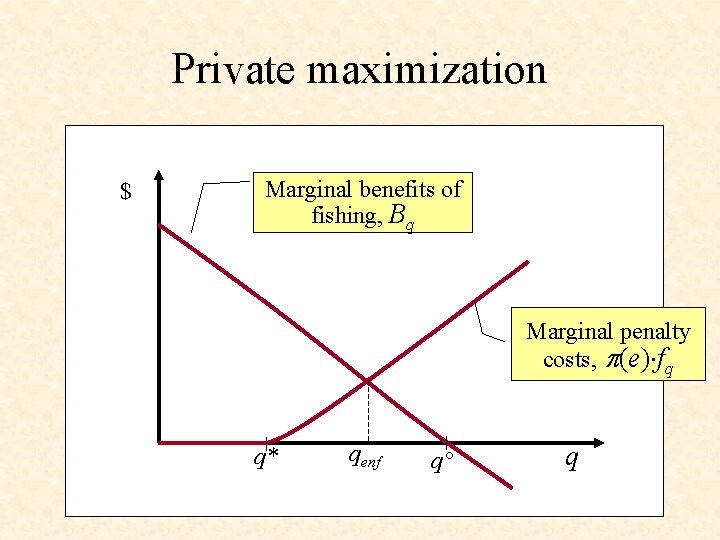 Private maximization $ Marginal benefits of fishing, Bq Marginal penalty costs, (e) fq q*