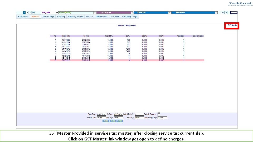 GST Master Provided in services tax master, after closing service tax current slab. Click