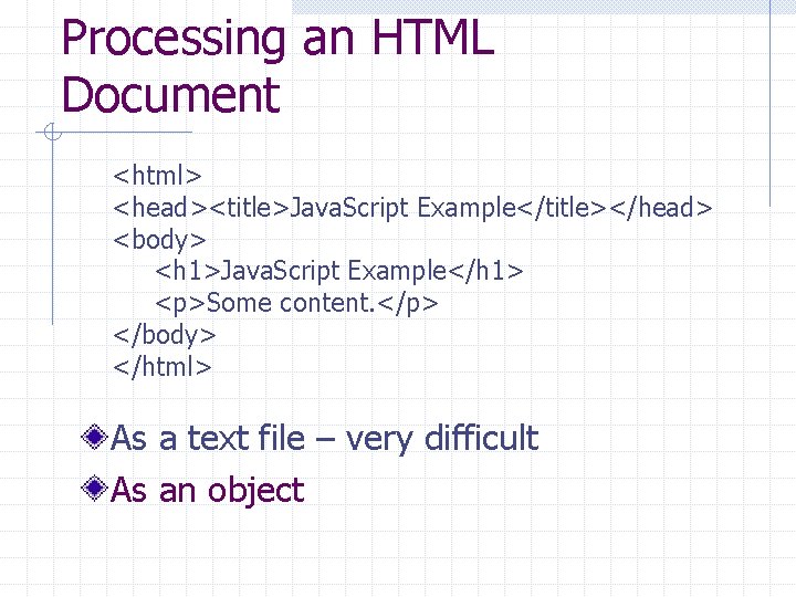 Processing an HTML Document <html> <head><title>Java. Script Example</title></head> <body> <h 1>Java. Script Example</h 1>