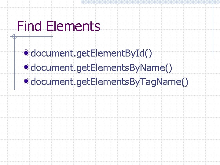 Find Elements document. get. Element. By. Id() document. get. Elements. By. Name() document. get.