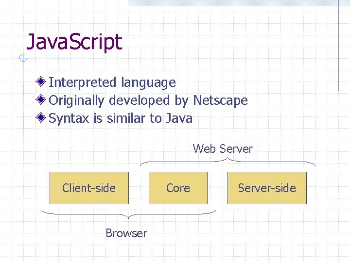 Java. Script Interpreted language Originally developed by Netscape Syntax is similar to Java Web