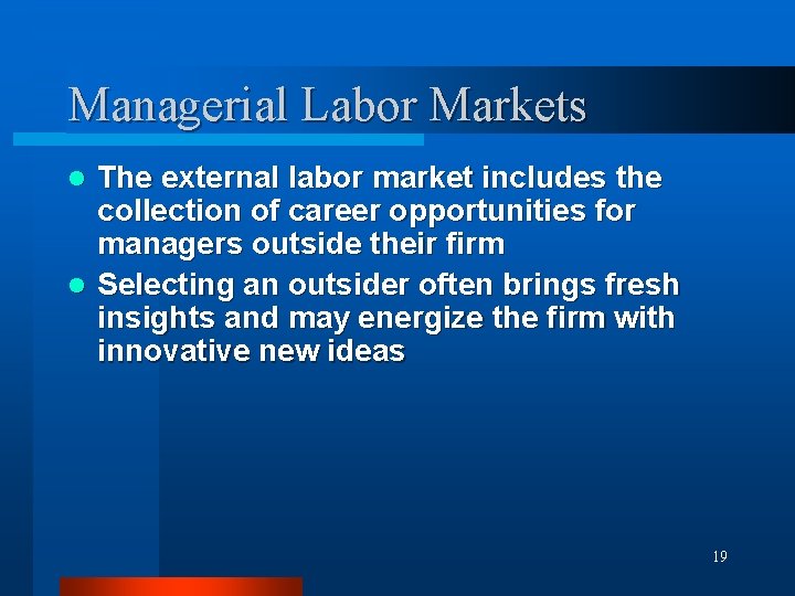 Managerial Labor Markets The external labor market includes the collection of career opportunities for