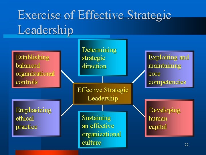 Exercise of Effective Strategic Leadership Establishing balanced organizational controls Determining strategic direction Exploiting and