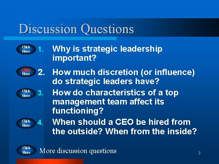 Discussion Questions Why is strategic leadership important? Click Here 1. Click Here 2. How