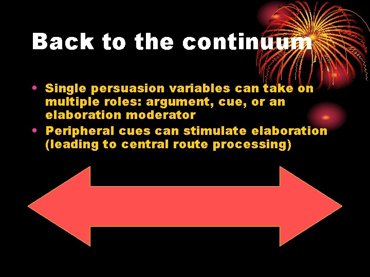 Back to the continuum • Single persuasion variables can take on multiple roles: argument,