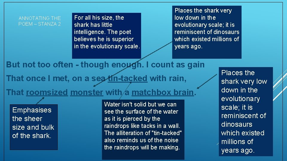 ANNOTATING THE POEM – STANZA 2 For all his size, the shark has little