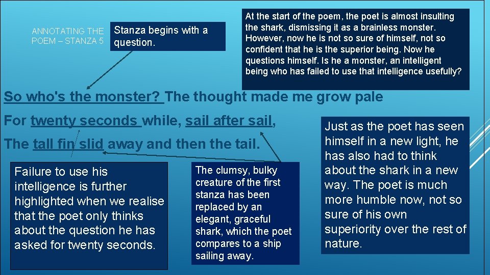 ANNOTATING THE POEM – STANZA 5 Stanza begins with a question. At the start