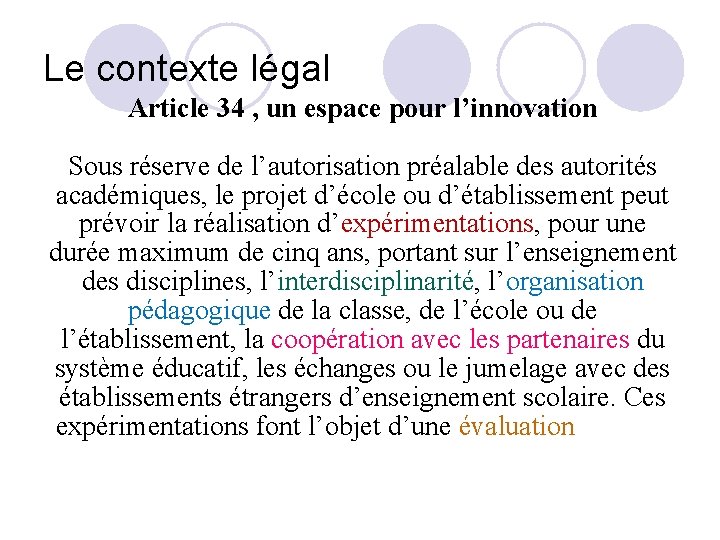 Le contexte légal Article 34 , un espace pour l’innovation Sous réserve de l’autorisation