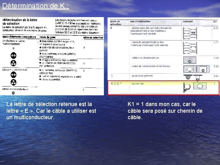 Détermination de K : La lettre de sélection retenue est la lettre « E