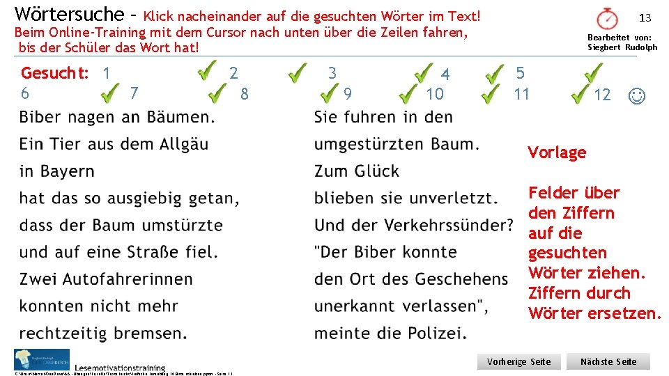 Wörtersuche – Klick nacheinander auf die gesuchten Wörter im Text! Beim Online-Training mit dem