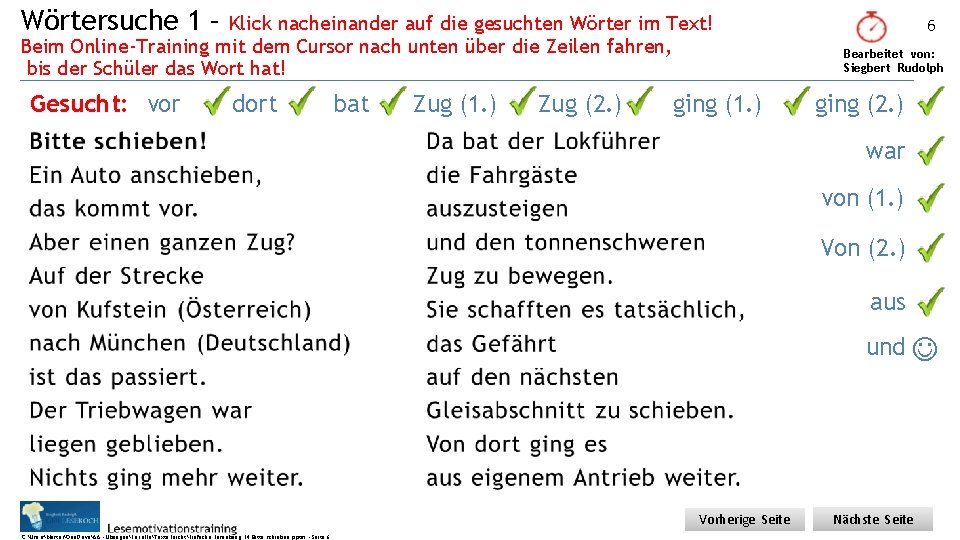 Wörtersuche 1 – Klick nacheinander auf die gesuchten Wörter im Text! Beim Online-Training mit