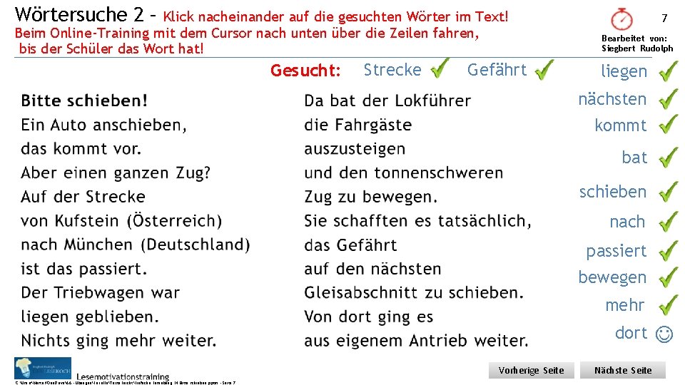 Wörtersuche 2 – Klick nacheinander auf die gesuchten Wörter im Text! Beim Online-Training mit