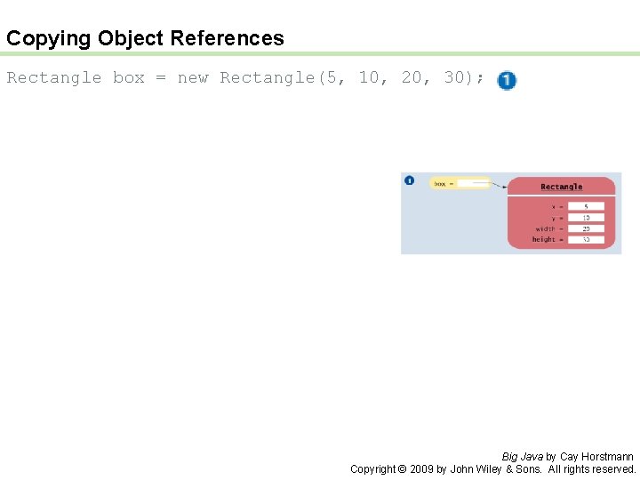 Copying Object References Rectangle box = new Rectangle(5, 10, 20, 30); Big Java by