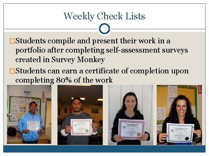 Weekly Check Lists �Students compile and present their work in a portfolio after completing