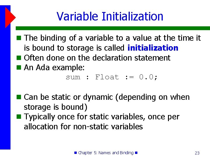 Variable Initialization The binding of a variable to a value at the time it