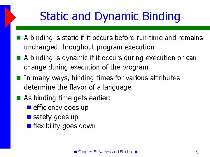 Static and Dynamic Binding A binding is static if it occurs before run time