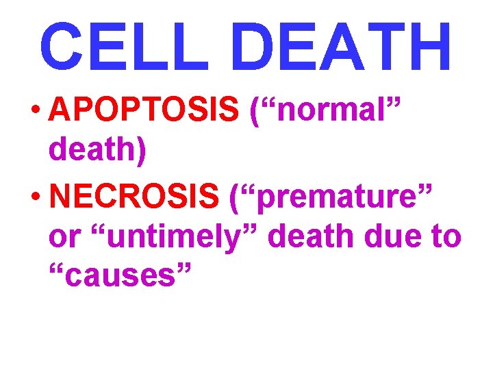 CELL DEATH • APOPTOSIS (“normal” death) • NECROSIS (“premature” or “untimely” death due to