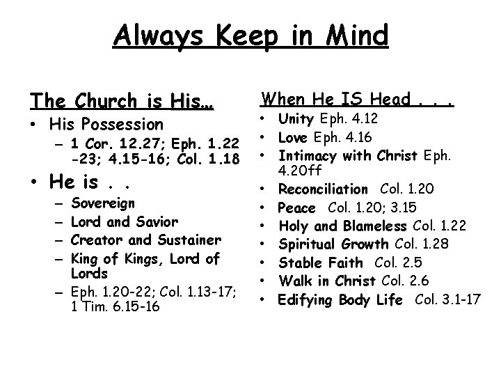 Always Keep in Mind The Church is His… • His Possession – 1 Cor.