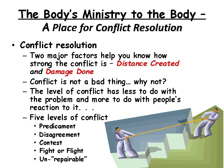 The Body’s Ministry to the Body – A Place for Conflict Resolution • Conflict