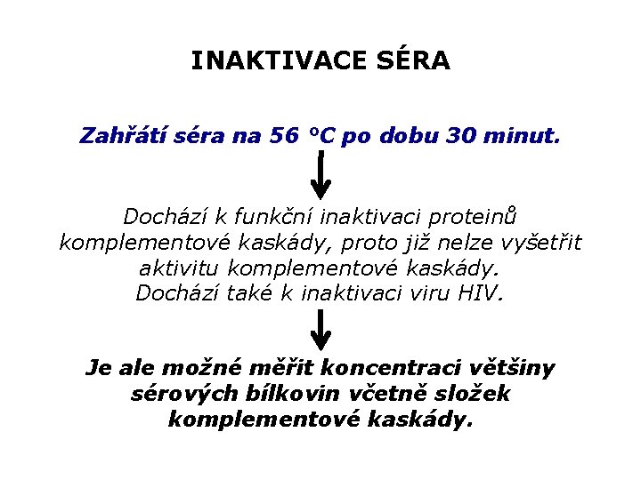 INAKTIVACE SÉRA Zahřátí séra na 56 °C po dobu 30 minut. Dochází k funkční