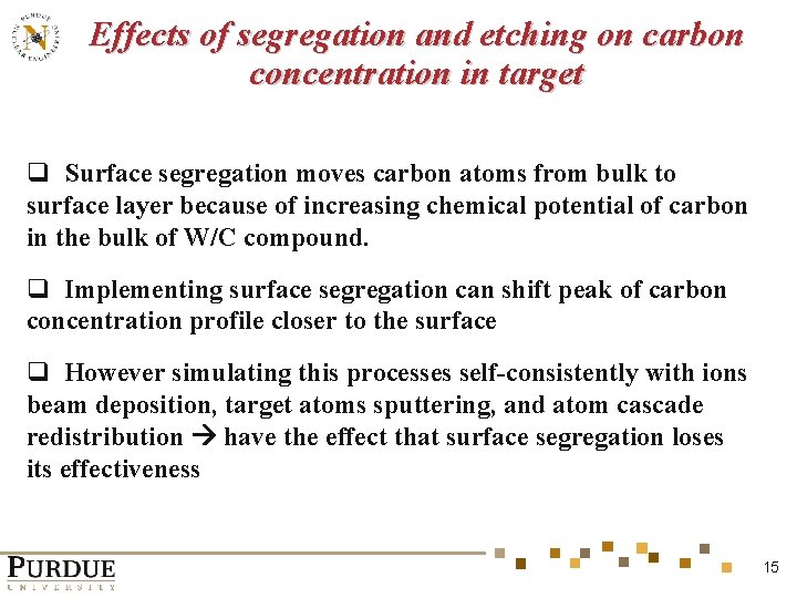 Effects of segregation and etching on carbon concentration in target q Surface segregation moves