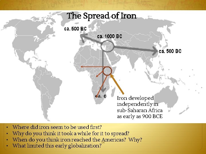 The Spread of Iron developed independently in sub-Saharan Africa as early as 900 BCE
