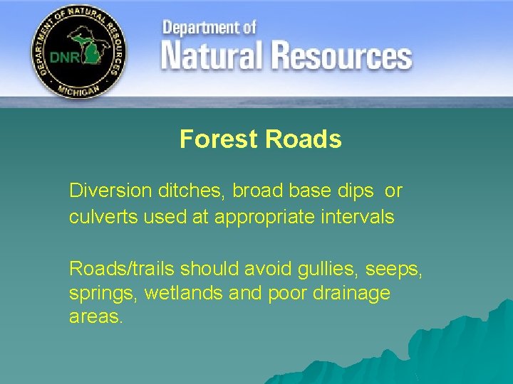 Forest Roads Diversion ditches, broad base dips or culverts used at appropriate intervals Roads/trails