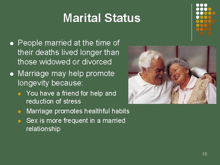 Marital Status l l People married at the time of their deaths lived longer