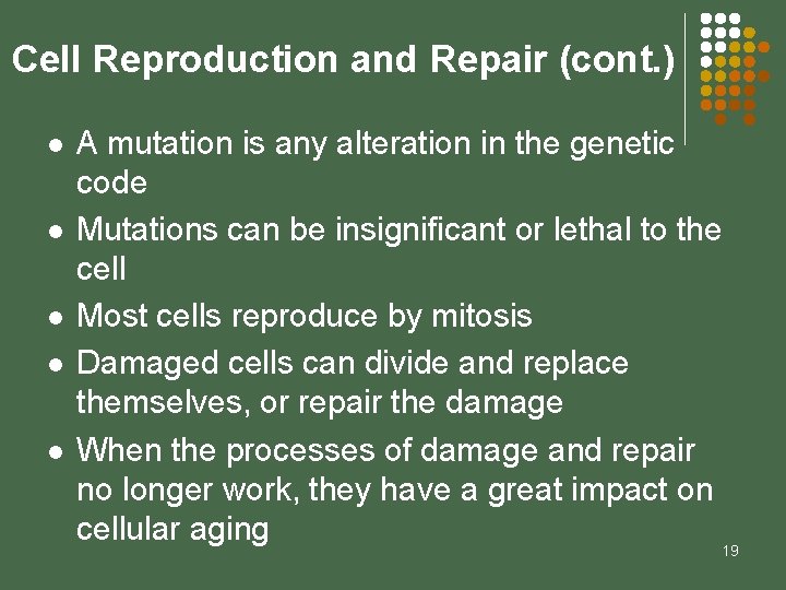 Cell Reproduction and Repair (cont. ) l l l A mutation is any alteration