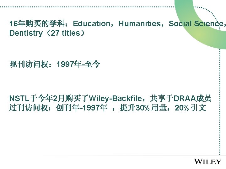 16年购买的学科：Education，Humanities，Social Science， Dentistry（27 titles） 现刊访问权： 1997年-至今 NSTL于今年 2月购买了Wiley-Backfile，共享于DRAA成员 过刊访问权：创刊年-1997年 ，提升30%用量，20%引文 