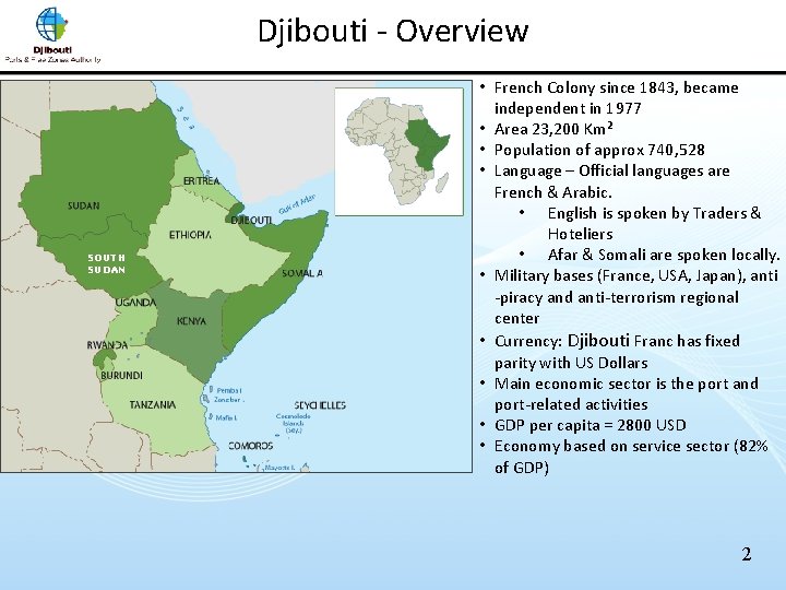 Djibouti - Overview SOUTH SUDAN • French Colony since 1843, became independent in 1977
