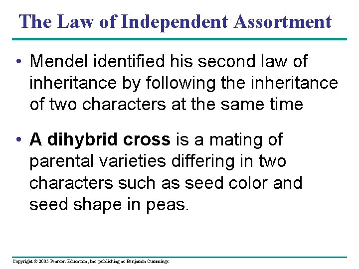 The Law of Independent Assortment • Mendel identified his second law of inheritance by