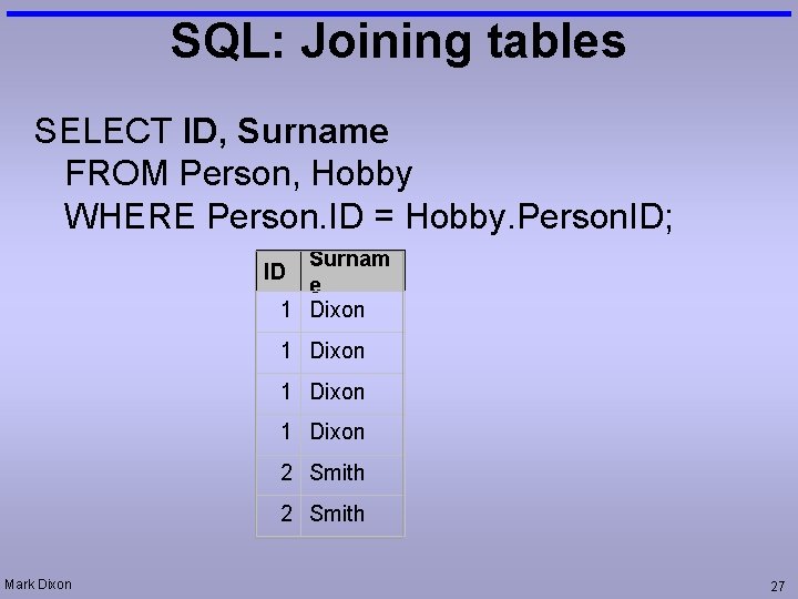 SQL: Joining tables SELECT ID, Surname FROM Person, Hobby WHERE Person. ID = Hobby.