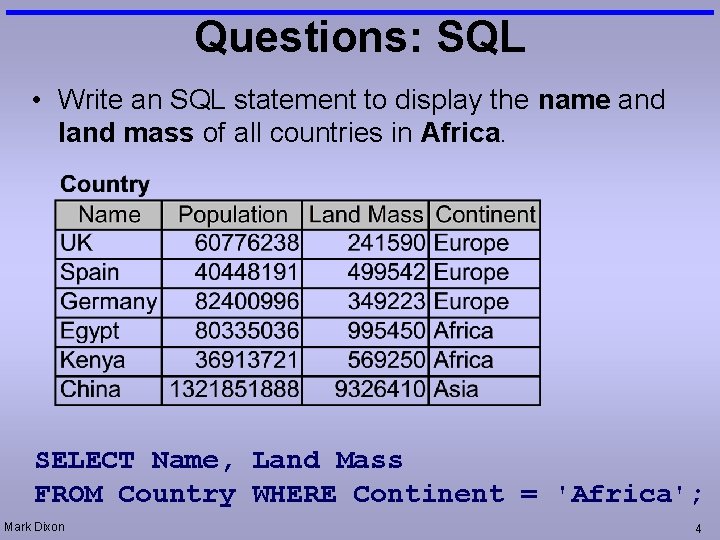 Questions: SQL • Write an SQL statement to display the name and land mass