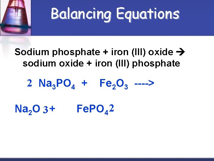 Balancing Equations Sodium phosphate + iron (III) oxide sodium oxide + iron (III) phosphate