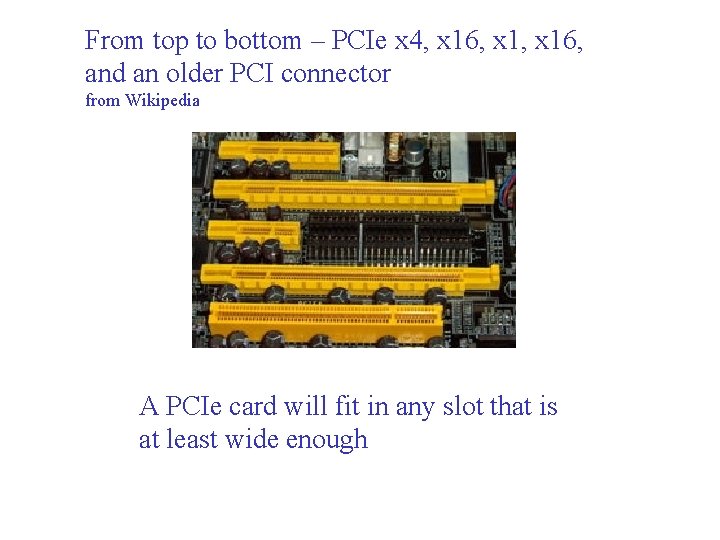 From top to bottom – PCIe x 4, x 16, and an older PCI