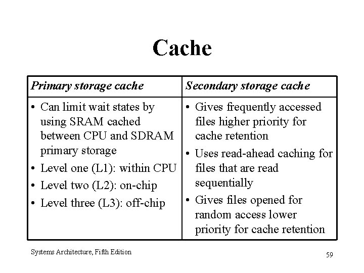 Cache Primary storage cache Secondary storage cache • Can limit wait states by •